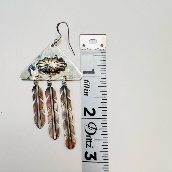 STERLING SILVER NAVAJO FEATHER CONCHO EARRINGS SIGNED JLC 3” - Picture 5 of 5